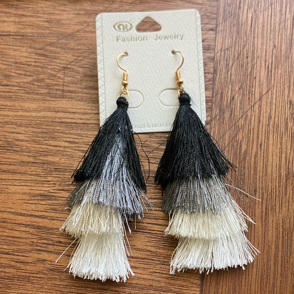 Fashion‎ Jewelry Black Silver and White Statement Tassel Pierced Earrings